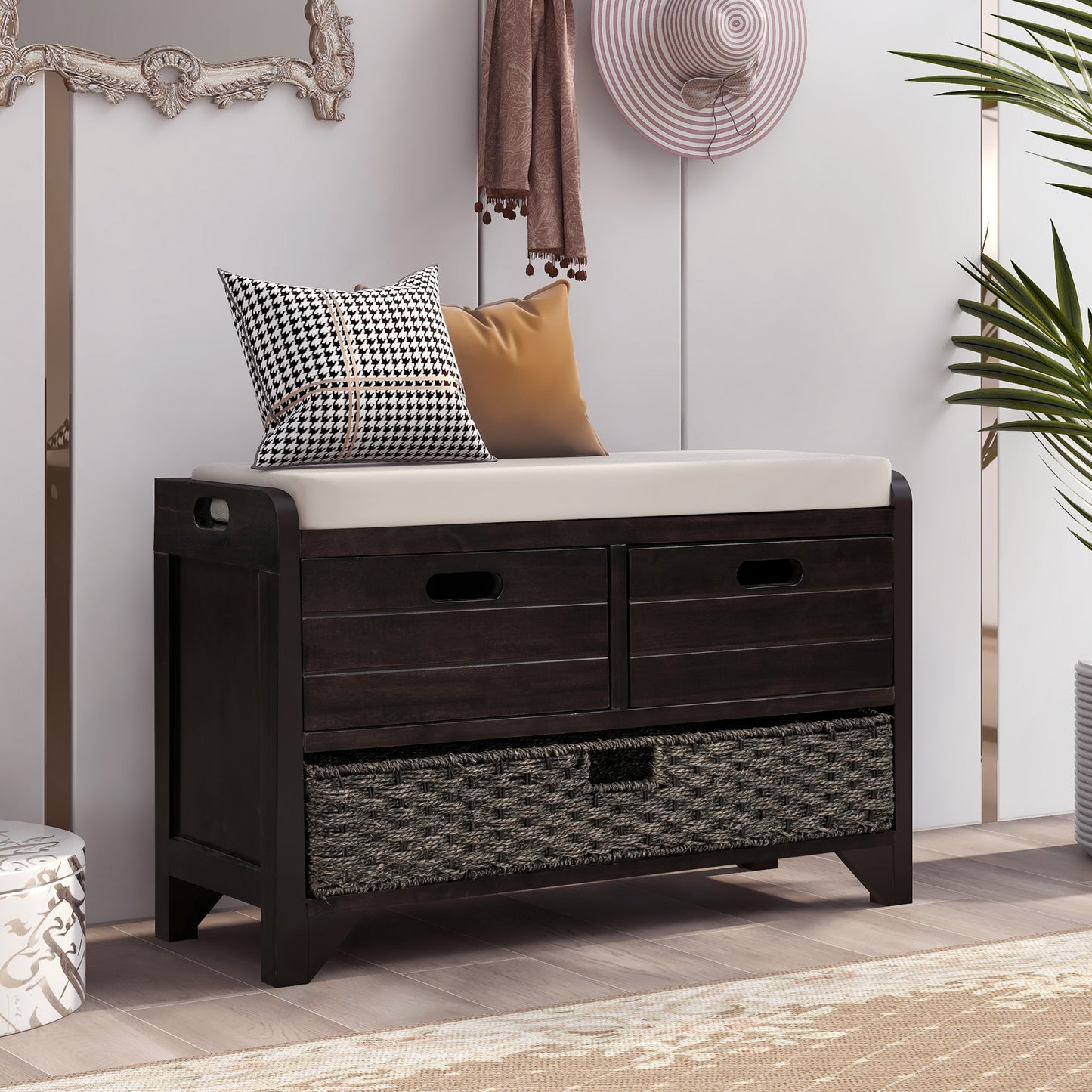 Lucy  Storage Bench with Removable Basket  Removable Cushion - Espresso