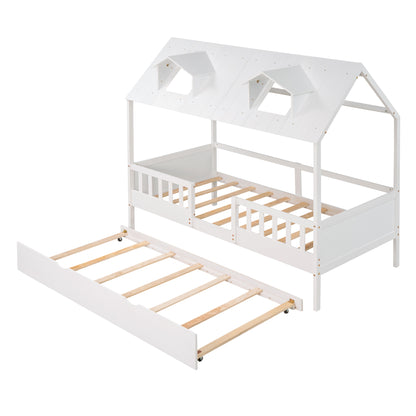 Dreamy Haven Twin House Bed with Trundle (White)