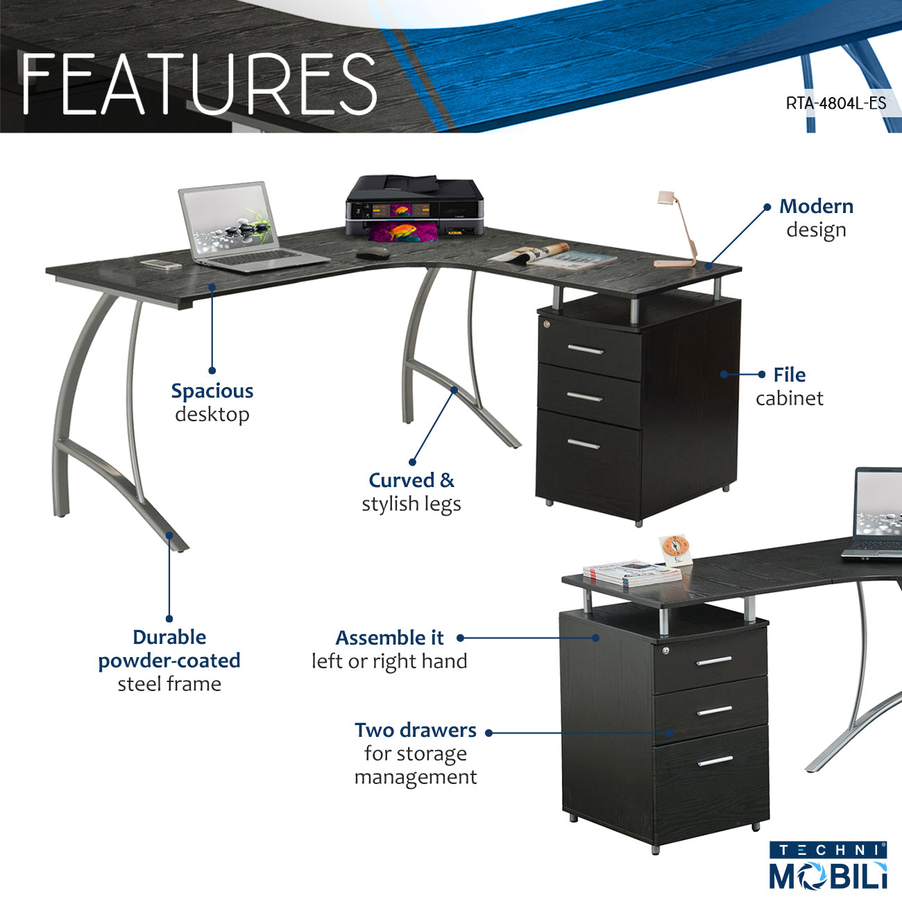 L-Shaped Computer Desk with File Cabinet and Storage