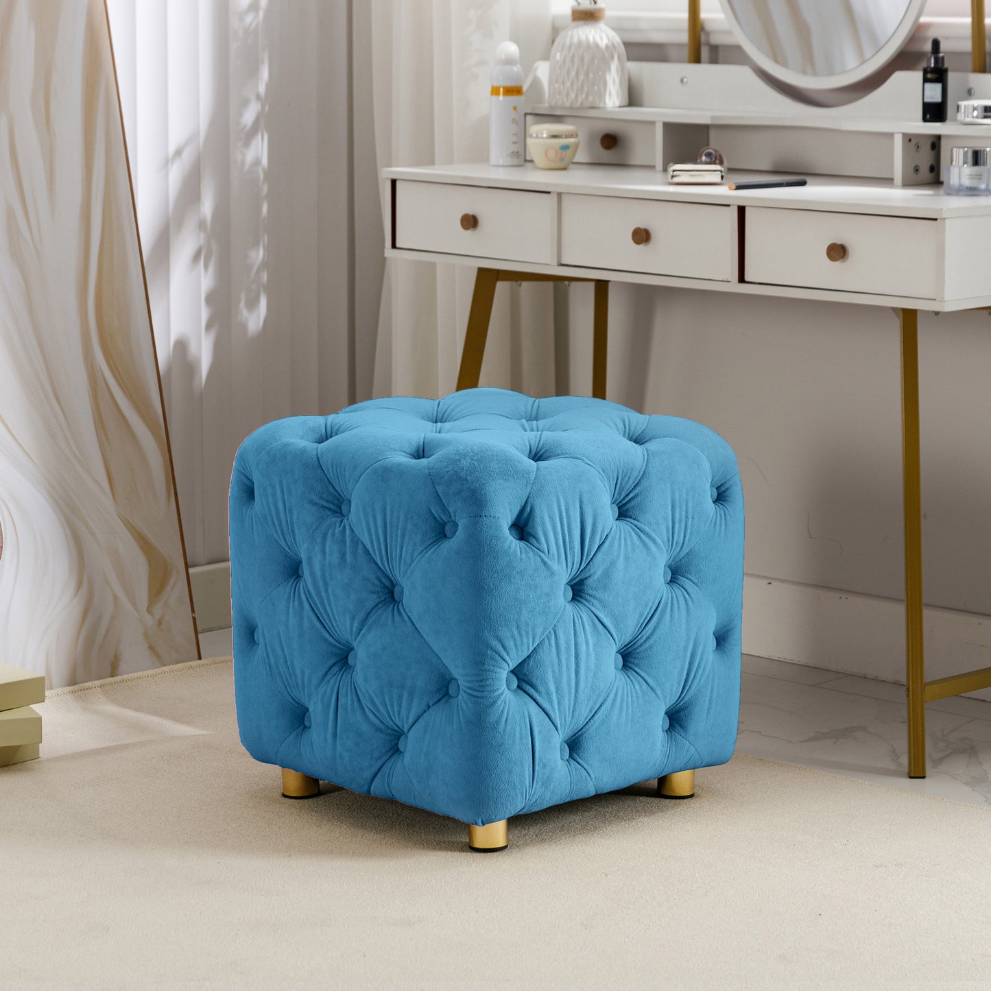 Velvet Upholstered Vanity Seat - Blue