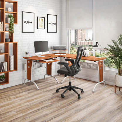 Deluxe L-Shaped Computer Desk With Pull Out Keyboard Panel -Mahogany