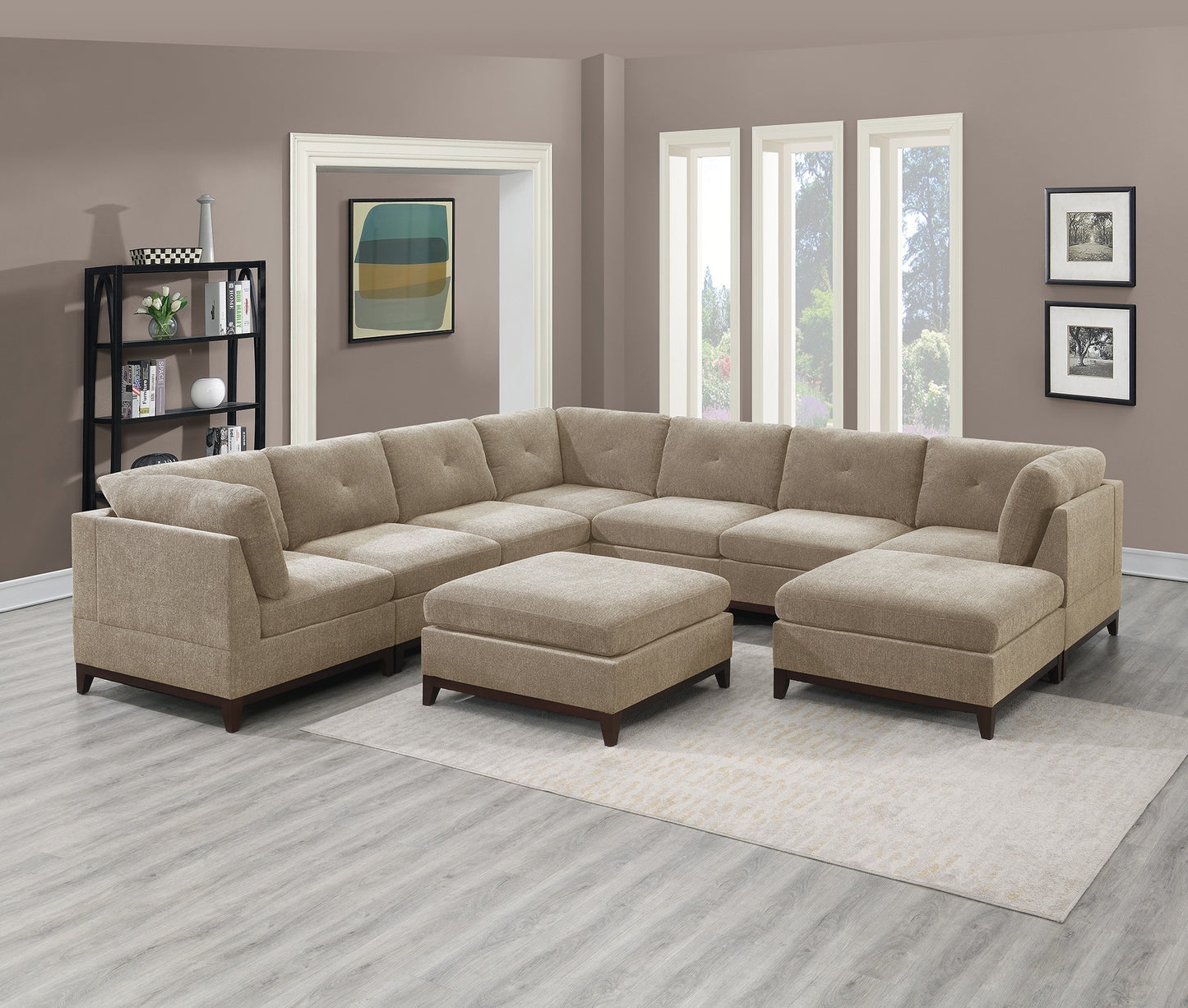 Khal Camel Chenille Fabric Modular Sectional 9pc Set  3x Corner Wedge 4x Armless Chairs and 2x Ottomans