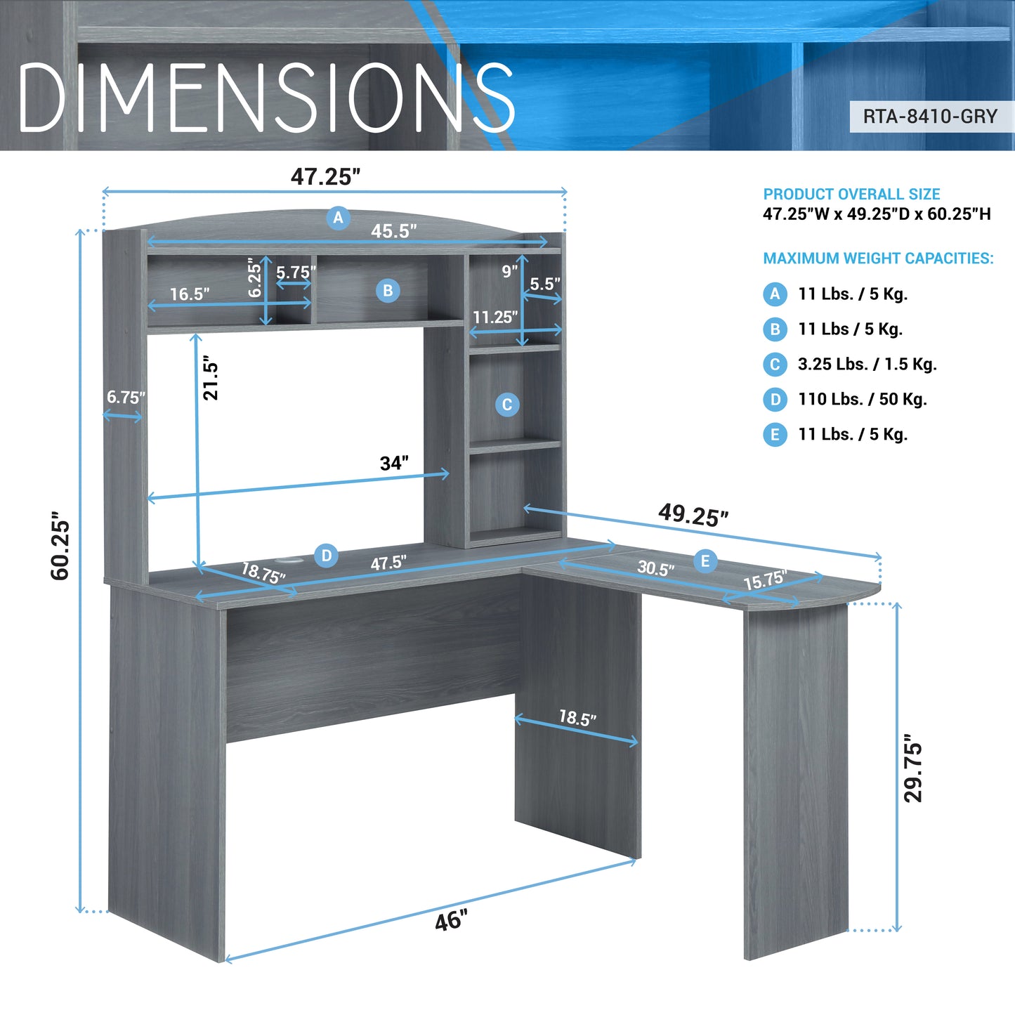 Tech Desk Pro L-Shaped Desk with Hutch - Grey