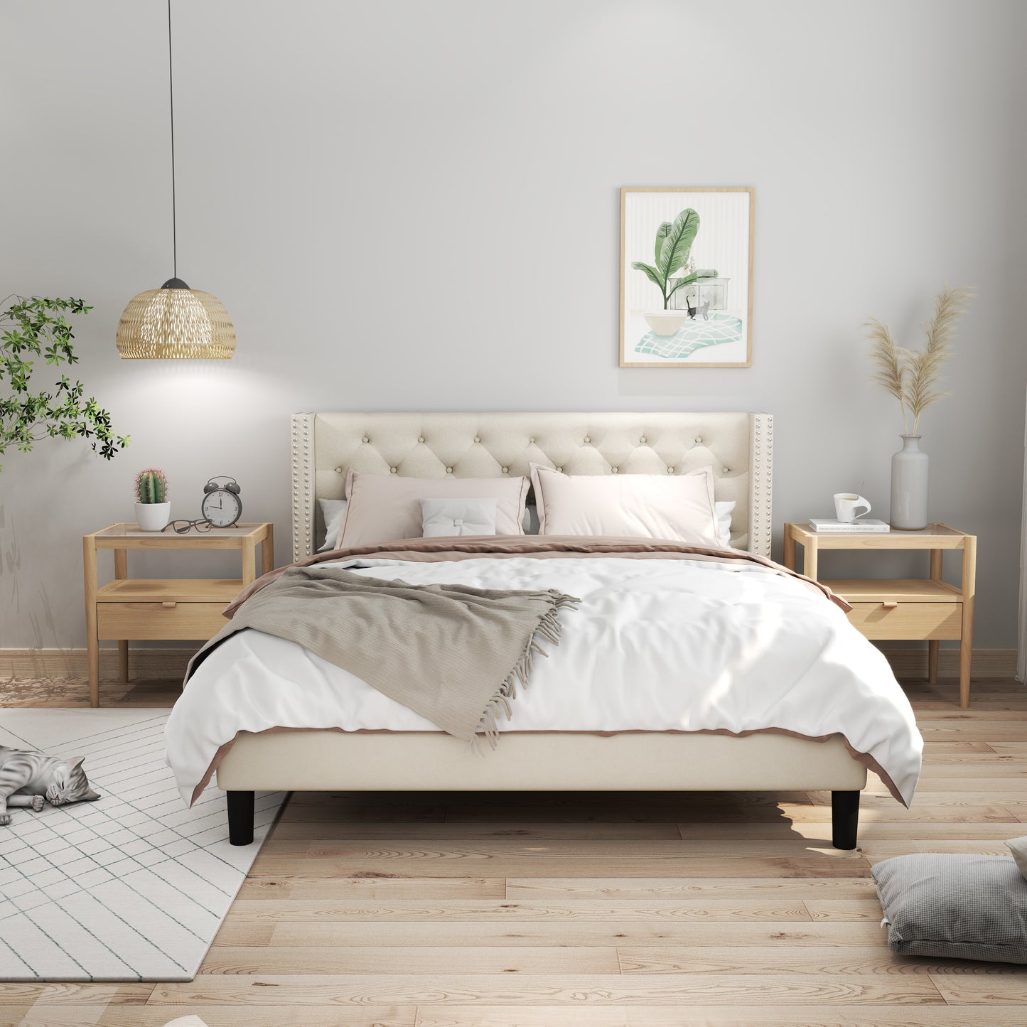 Voss King Size Platform Bed Frame - Beige