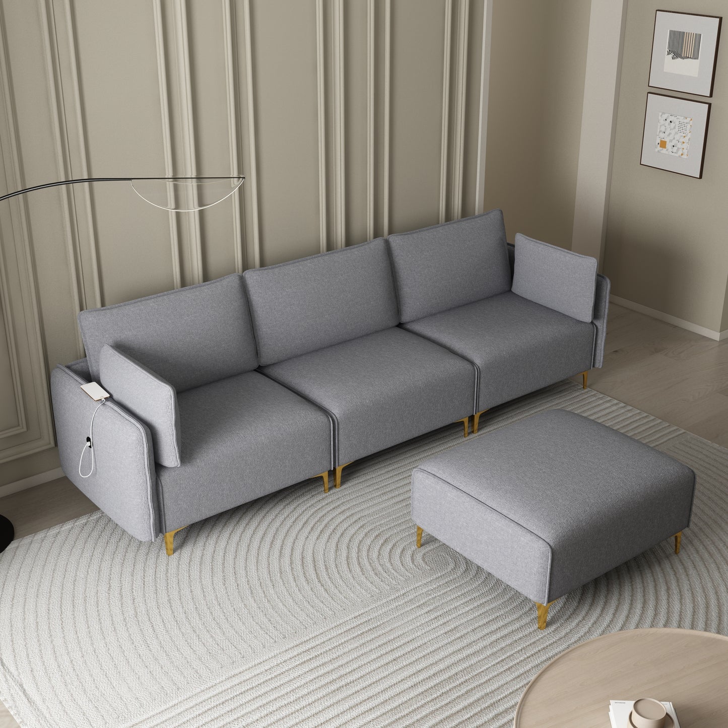 Elevate USB Grey Fabric L-Shaped Sectional Sofa