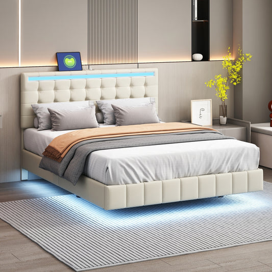 Marc Queen Size Floating Bed Frame with LED - Beige