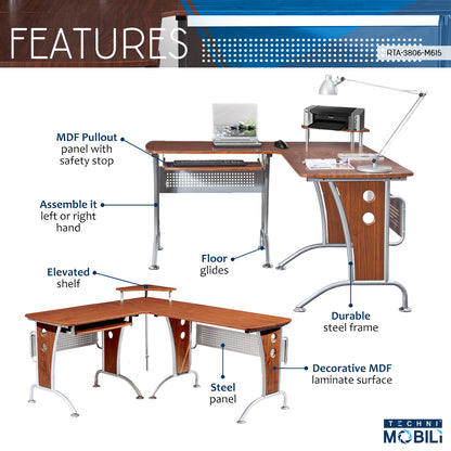 Deluxe L-Shaped Computer Desk With Pull Out Keyboard Panel -Mahogany