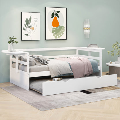 Tumo Twin Size Daybed with Trundle and Foldable Shelves - White