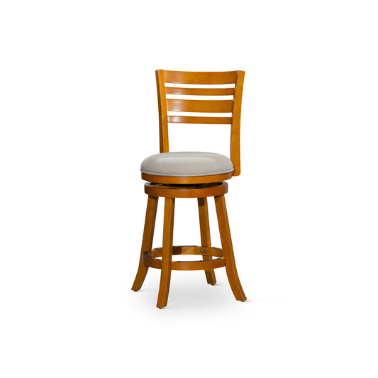 Counter Height Slat Back Swivel Stool, Natural Finish, Beige Fabric Seat