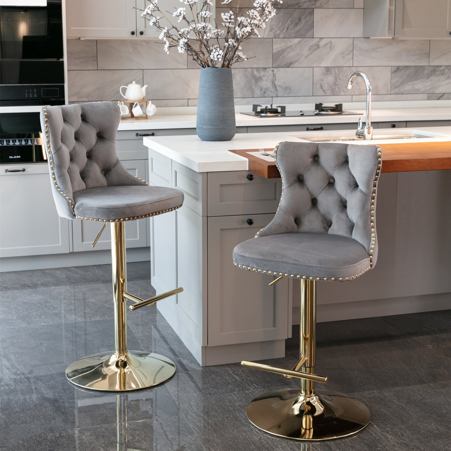 Stellar Golden Swivel Velvet Barstools Adjusatble Height - Gray  Set of 2