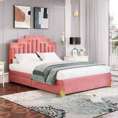 Neco Queen Size Platform Bed with LED and 4 Drawers - Pink