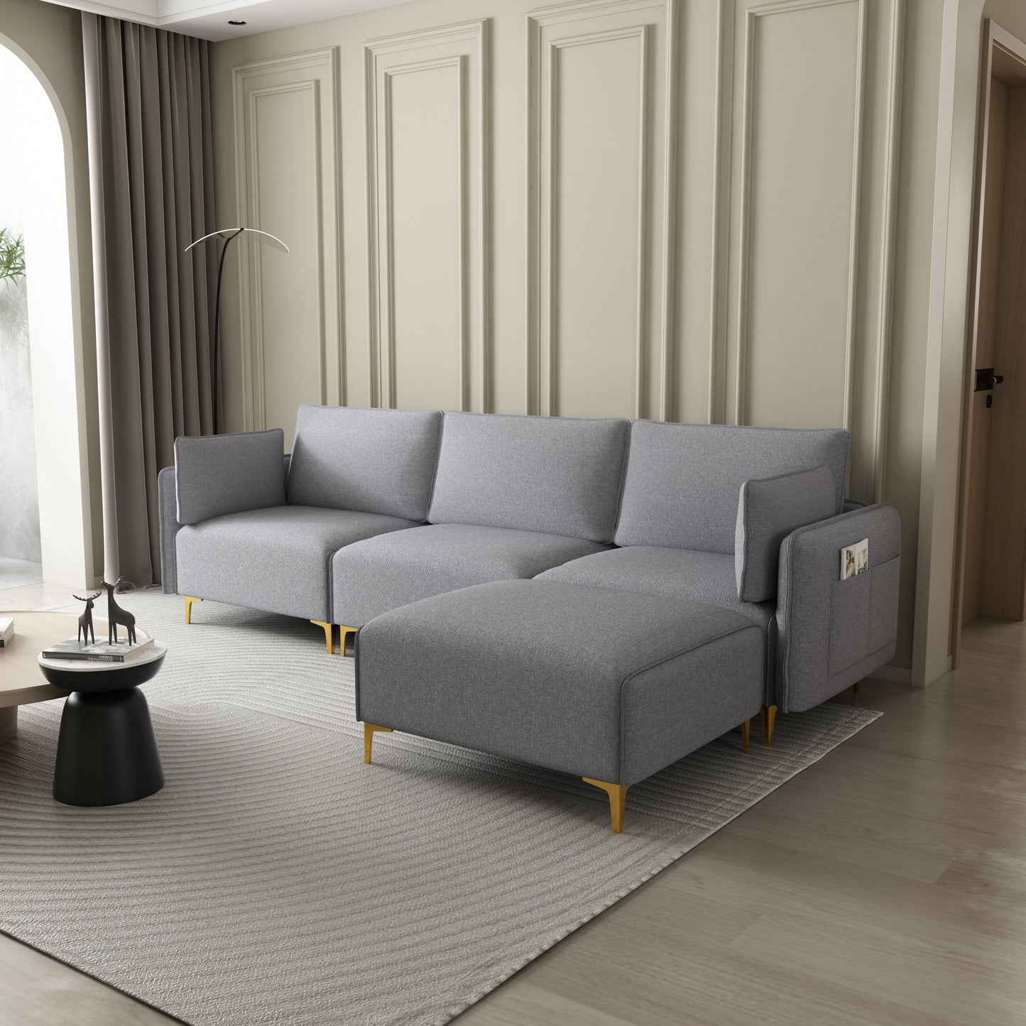 Elevate USB Grey Fabric L-Shaped Sectional Sofa