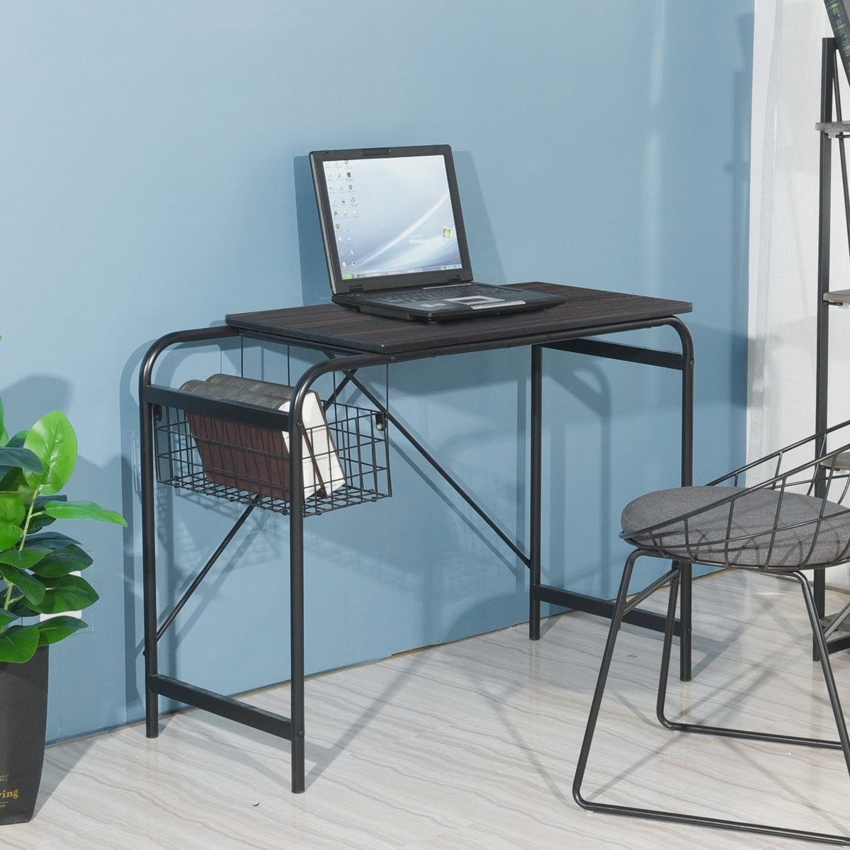 Computer Desk With Wire Storage Basket - walnut & black