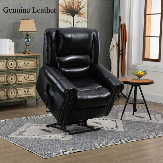 Zest Power Lift Genuine Leather Recliner Chair Heat Massage Dual Motor - Black