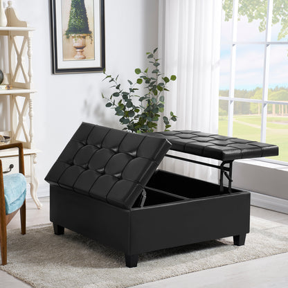 Square Faux Leather Storage Ottoman - Black