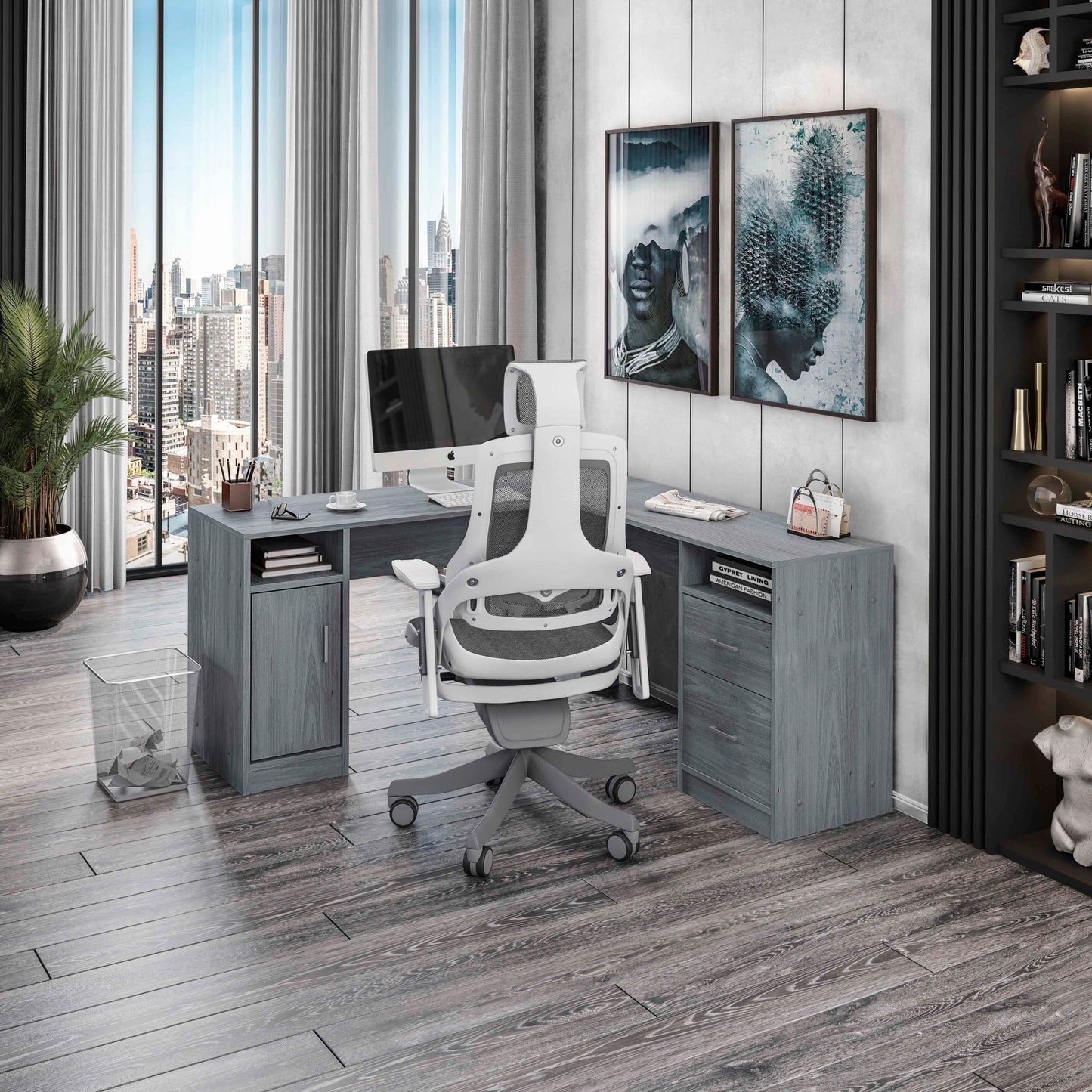 TechMax L-Shape Storage Desk, Slate Grey