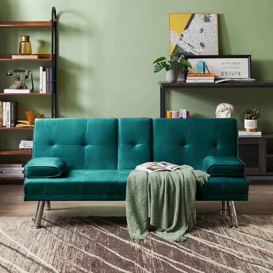 Devo Velvet Upholstered  Convertible Folding Futon Sofa Bed - Green