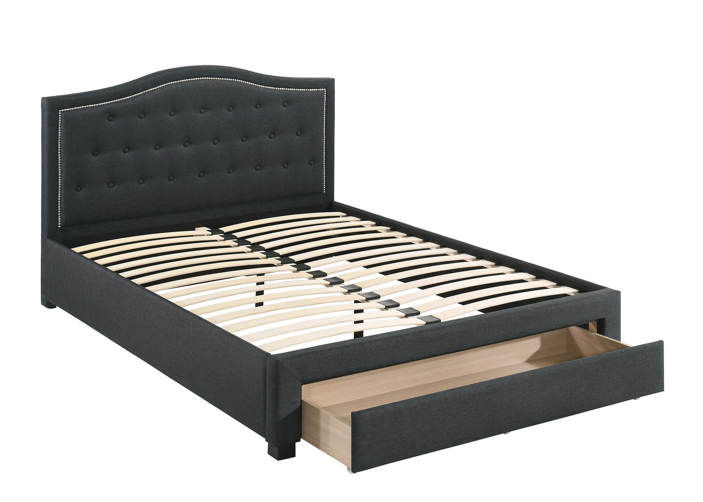 Imani Queen Size Bed w Drawer Button Tufted - Charcoal