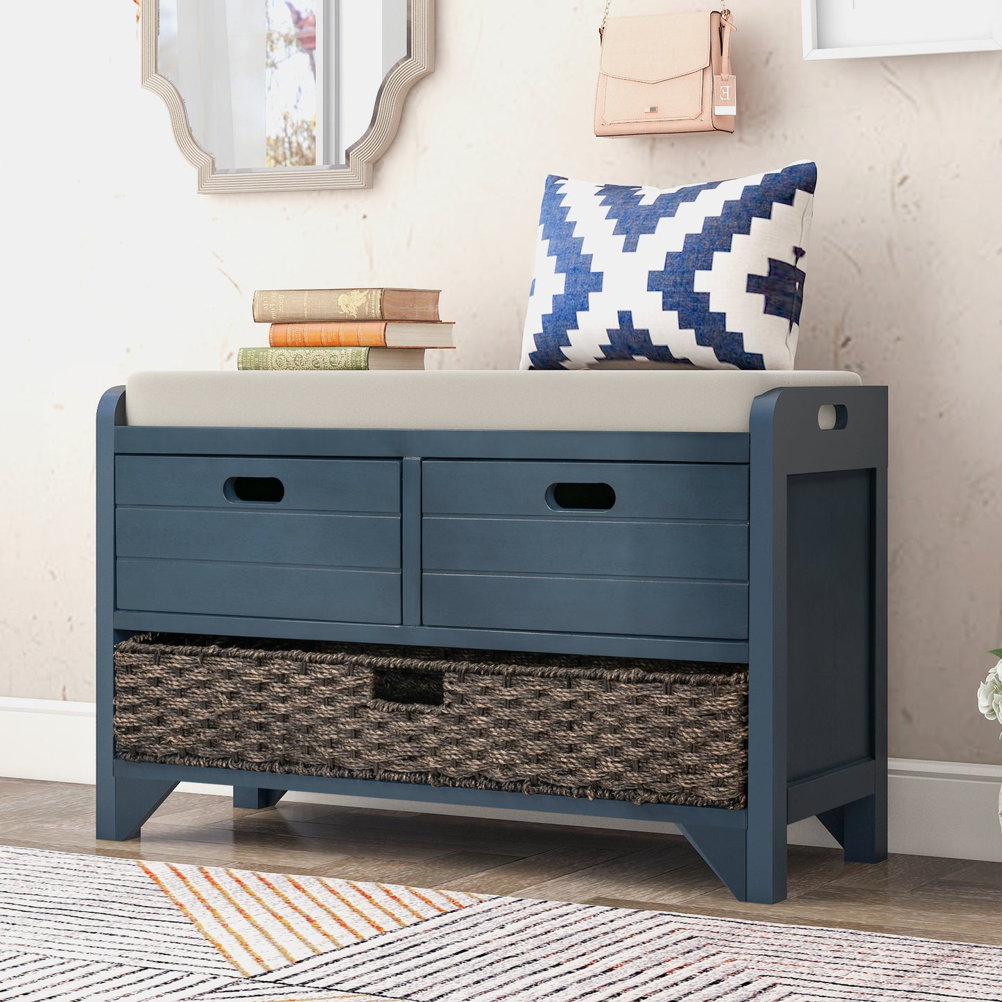 Lucy  Storage Bench with Removable Basket  Removable Cushion - Antique Navy