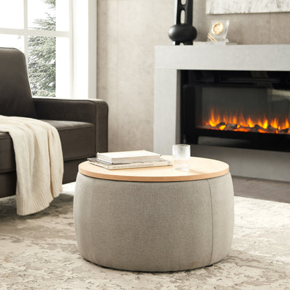 Versa Round Storage Ottoman Table - Light Grey