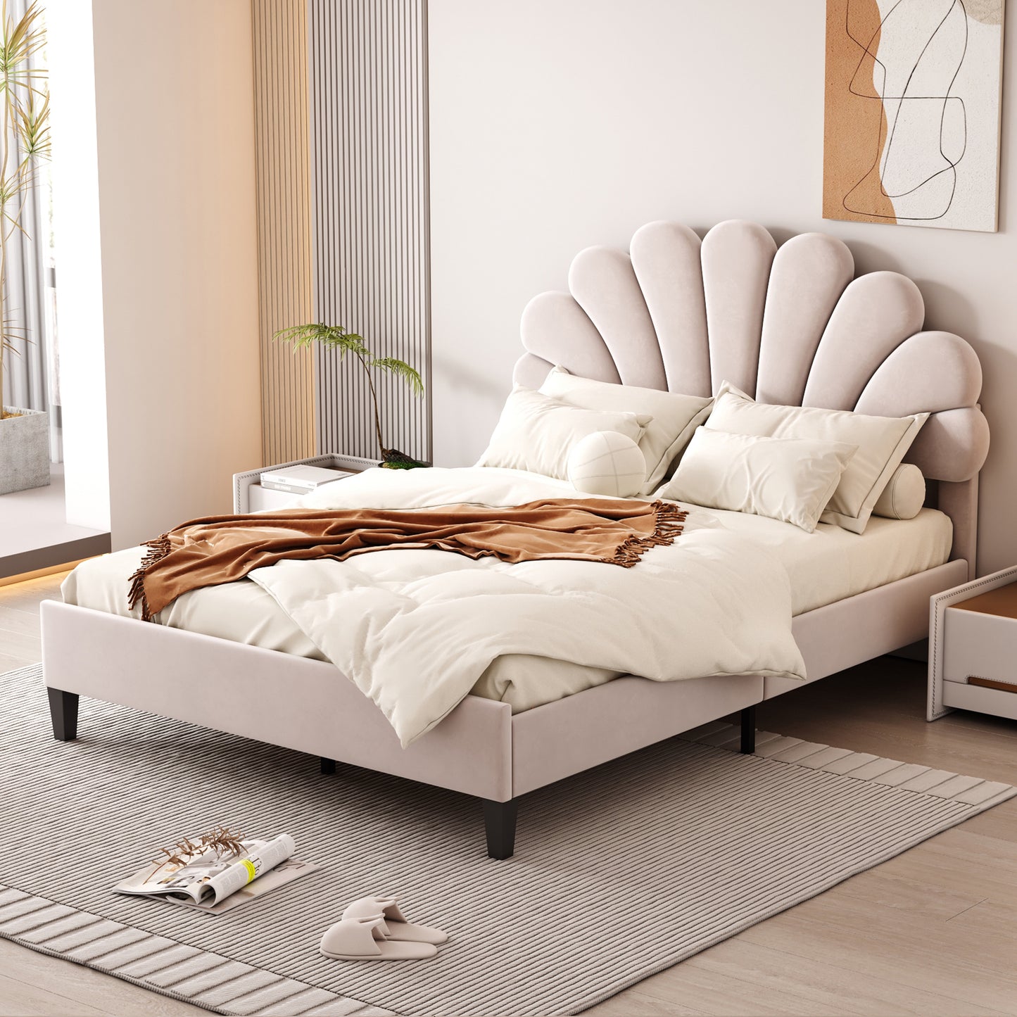 Floral Bliss Full Size Velvet Platform Bed Frame - Beige