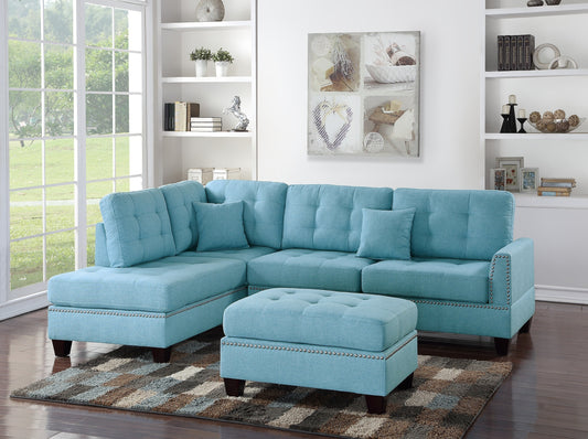 Amara 3pcs Sectional Reversible Chaise Sofa And Ottoman - Blue