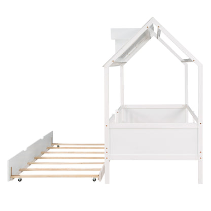 Dreamy Haven Twin House Bed with Trundle (White)