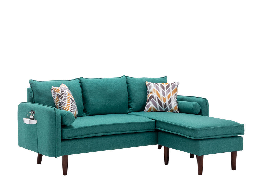 Mia Sectional Sofa Chaise with USB Charger & Pillows - Green