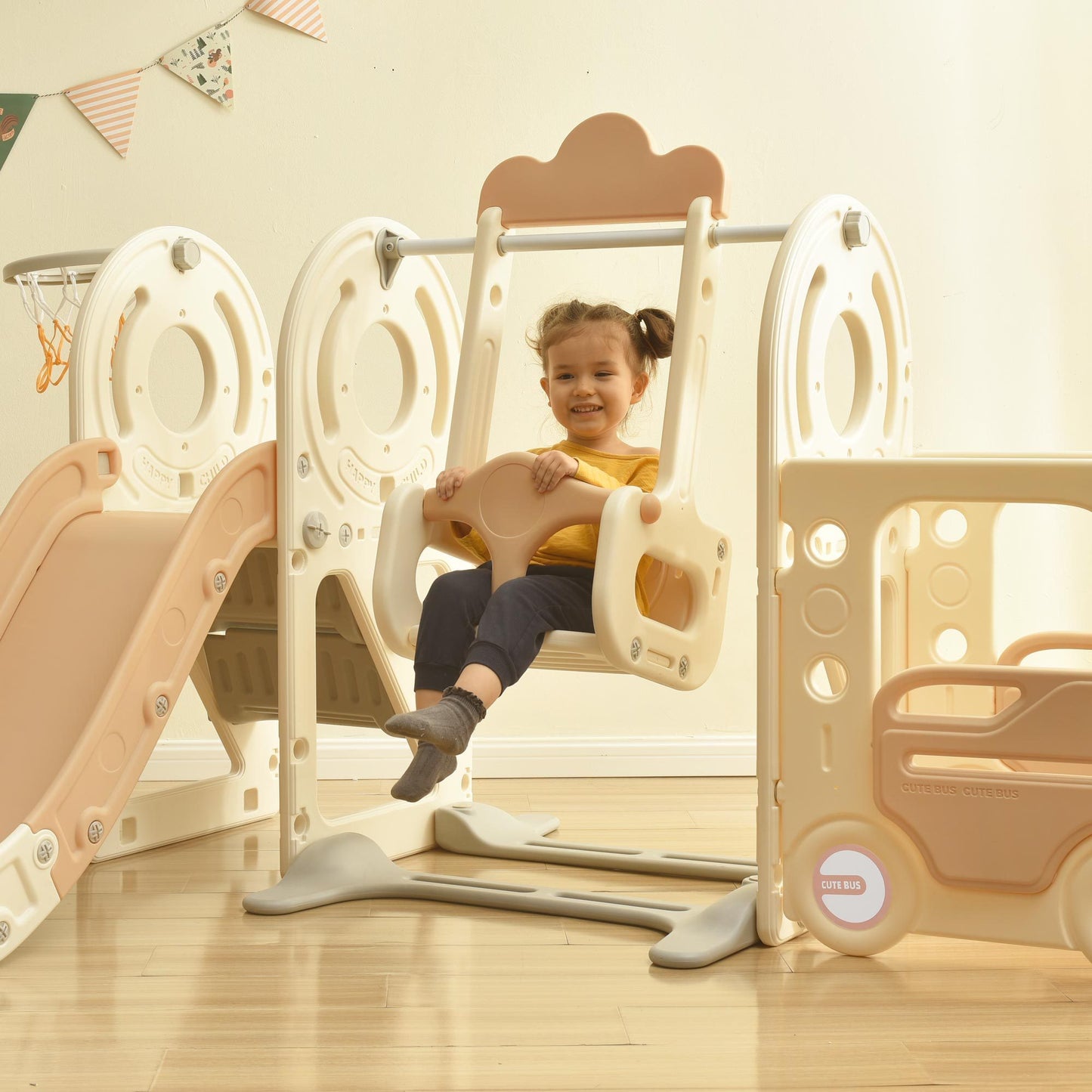 Kids Swing-N-Slide with Bus Play Set - Beige