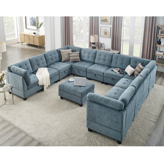 Molly Modular Sectional Sofa Seven Single Chair Four Corner and One Ottoman - Navy Blue