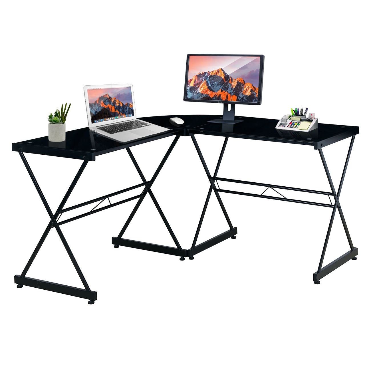 Go Green Woods L-Shaped Glass Computer Desk - Black