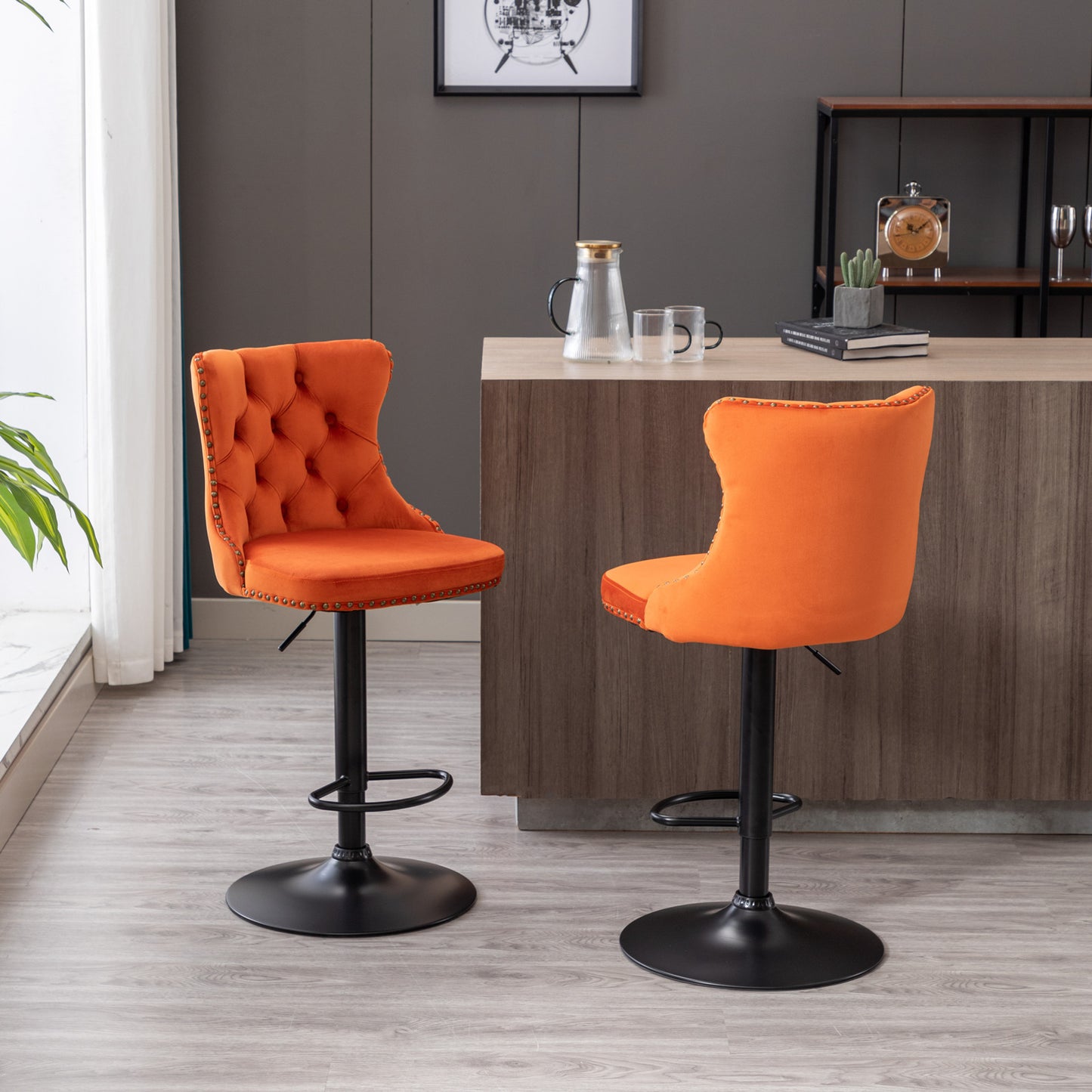 Rise 180 Velvet Barstools Adjusatble Seat Height - Orange Set of 2