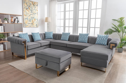 Maddie Velvet 7-Seater Sectional Sofa with Reversible Chaise and Ottoman - Gray