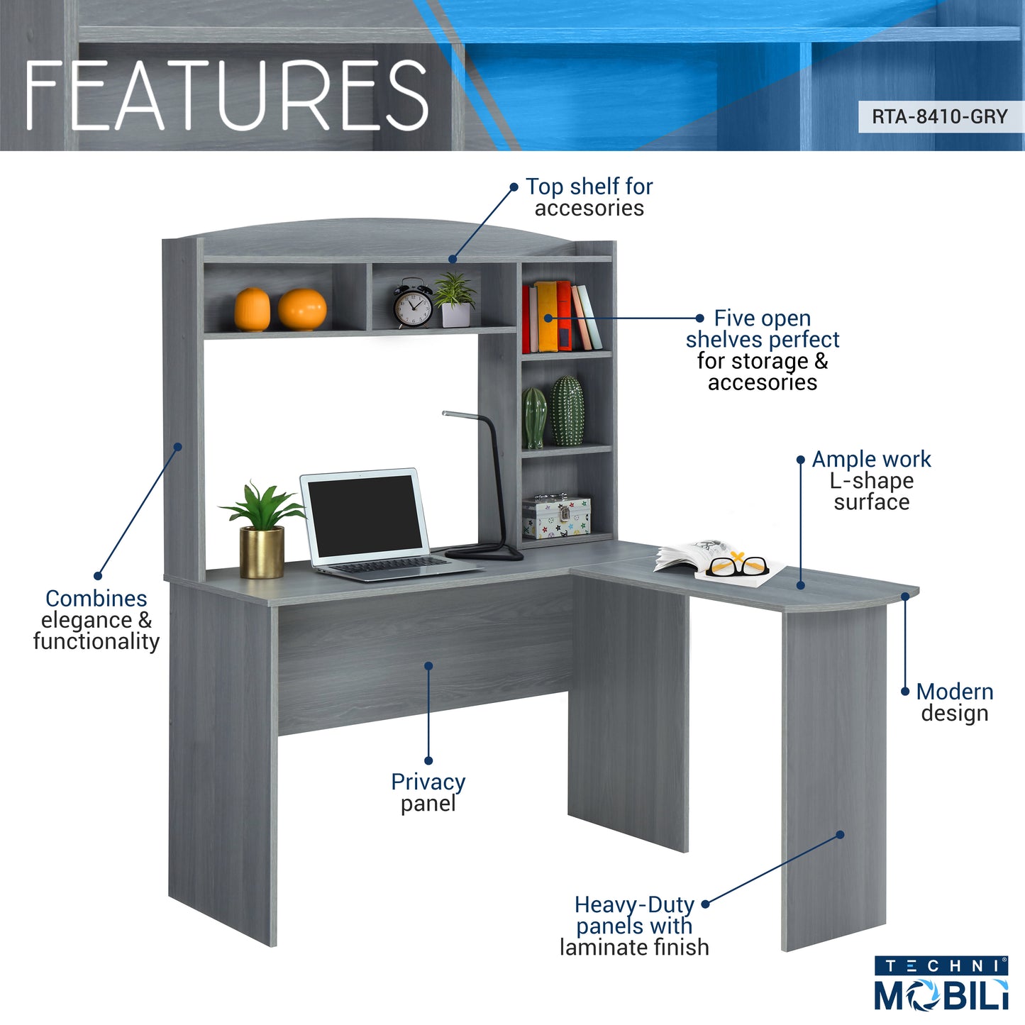 Tech Desk Pro L-Shaped Desk with Hutch - Grey