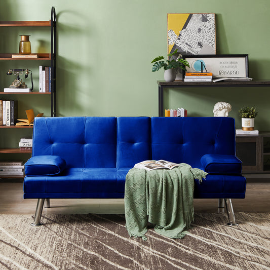 Devo Velvet Upholstered  Convertible Folding Futon Sofa Bed - Blue