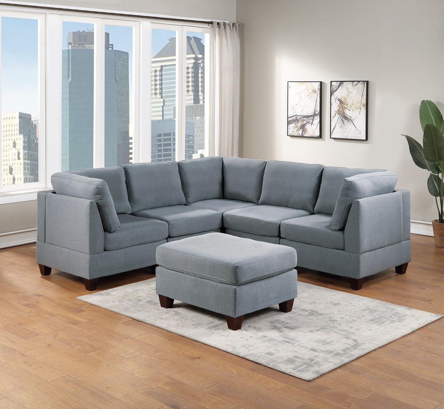 Ama Modular Sectional 6pc Set 3x Corner Wedge 2x Armless Chairs and 1x Ottoman - Gray