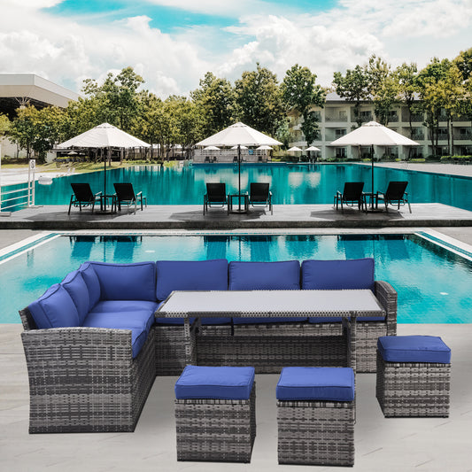 Whaley 7 Pc Outdoor Patio Rattan Sectional Sofa Set - Blue