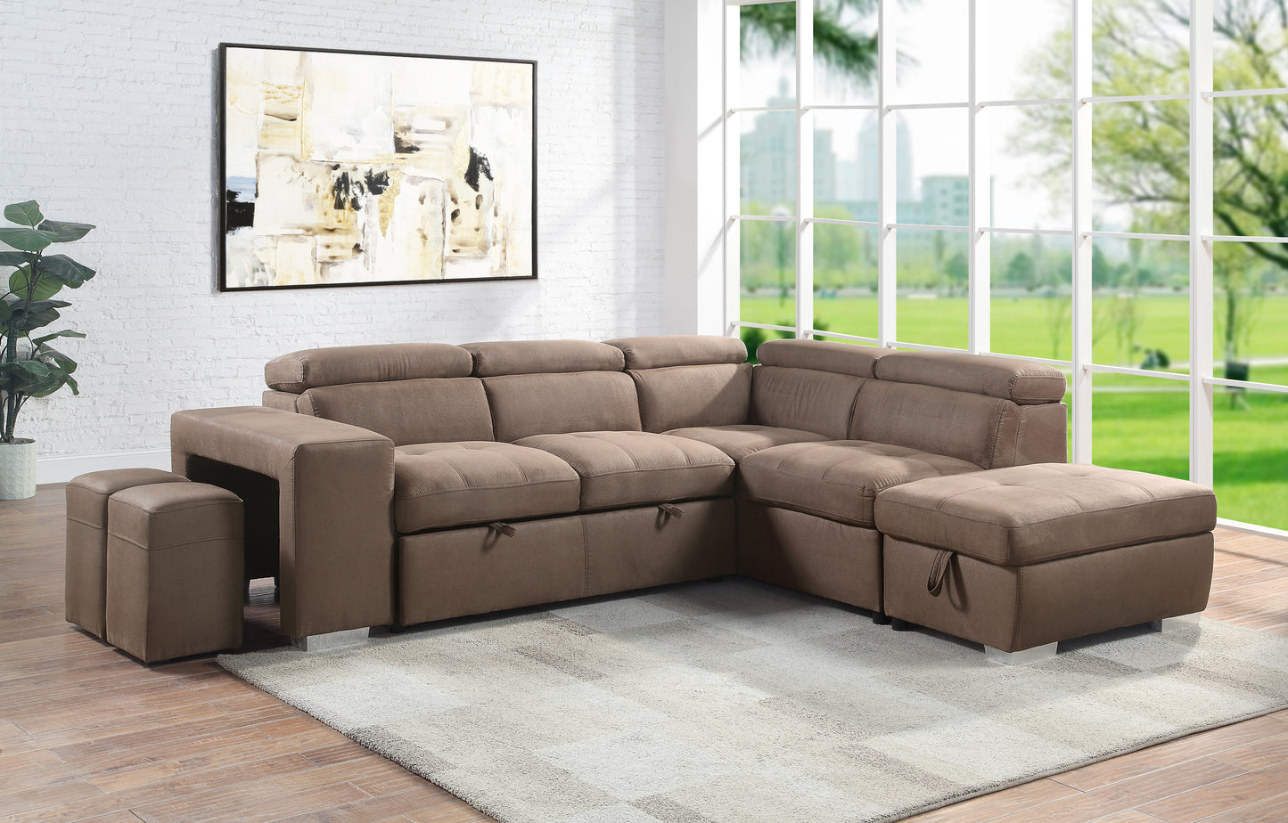 Kavi Fabric Sleeper Sectional Sofa w/2 Pullout Stools - Brown