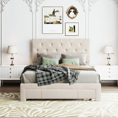 Helena Full Size Velvet Platform Bed Frame - Beige