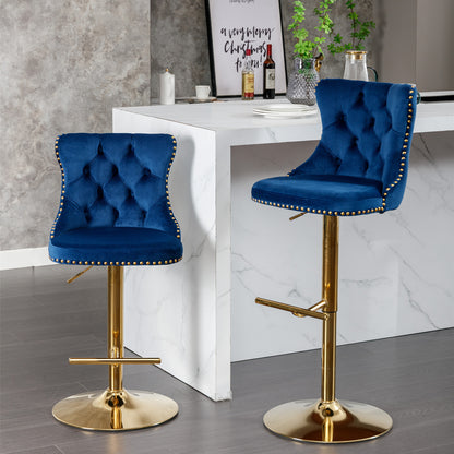 Stellar Golden Swivel Velvet Barstools Adjusatble Height - Blue  Set of 2