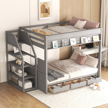 Graywood Convertible Bunk Bed with Storage Staircase and Bedside Table