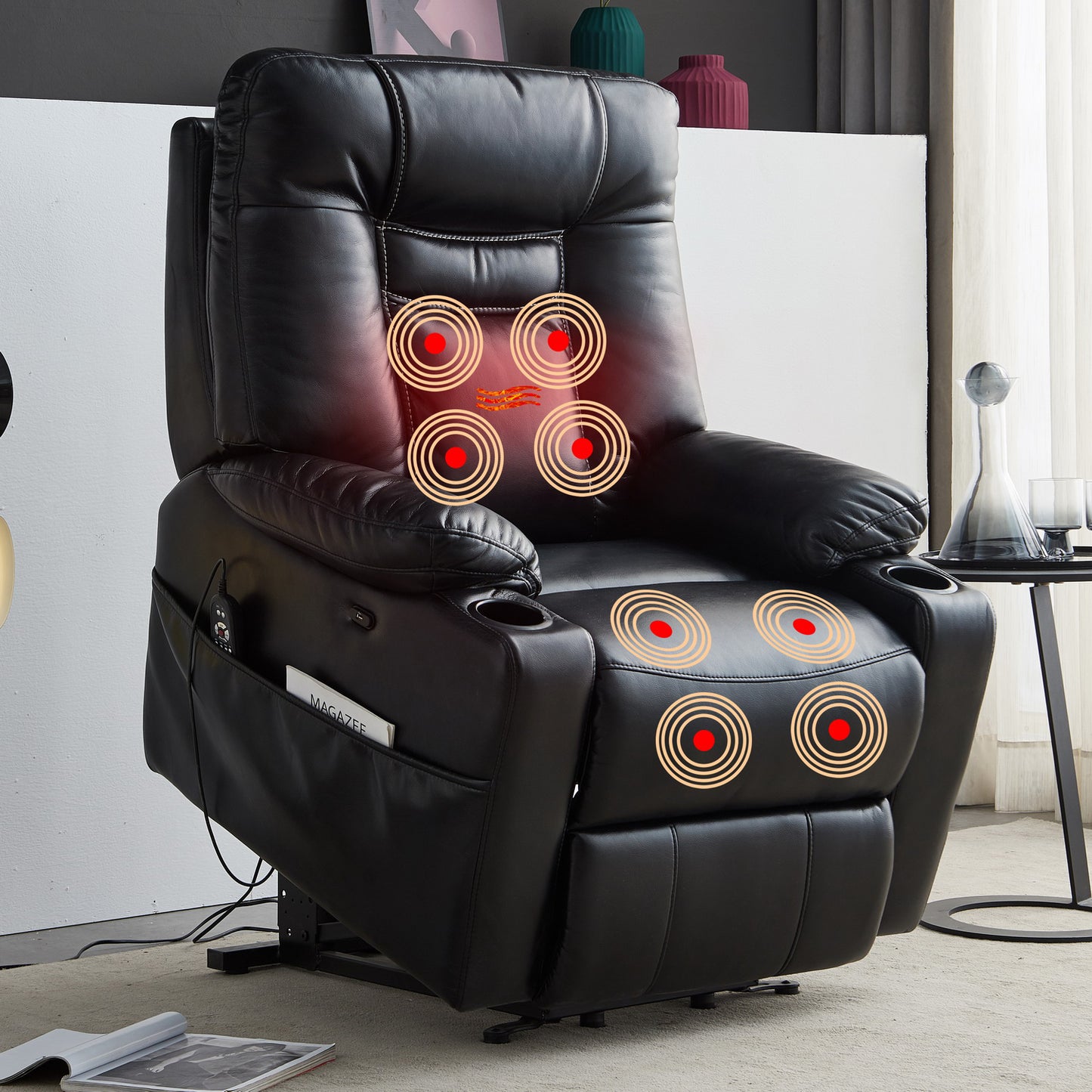 Cove Large size Electric Power Lift Recliner Chair with Massage and Heat - Black