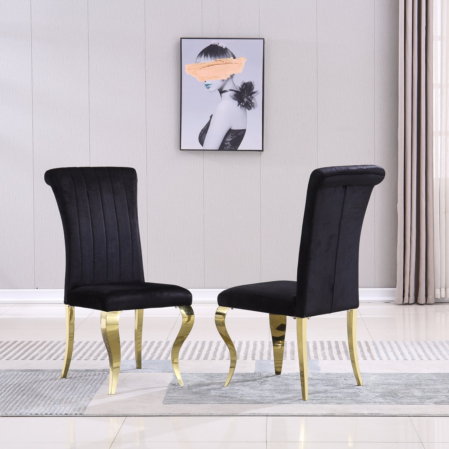 Avery Velvet Dining Chairs w Golden Metal Leg (Set of 2) - Black