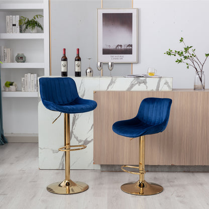 Stramline Adjustable Velvet + Golden Leg Bar Stool - Blue Set of 2