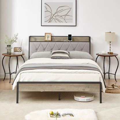 Biony Full Size Metal Bed Frame W Charging Station - Gray