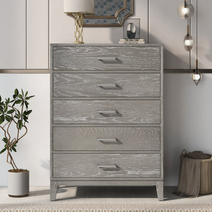 Elegant Essence Grey Wood Grain Five-Drawer Chest