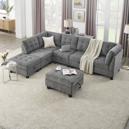 Molly Modular Sectional Sofa Three Single Chair ,Two Corner and Two Ottoman - Grey