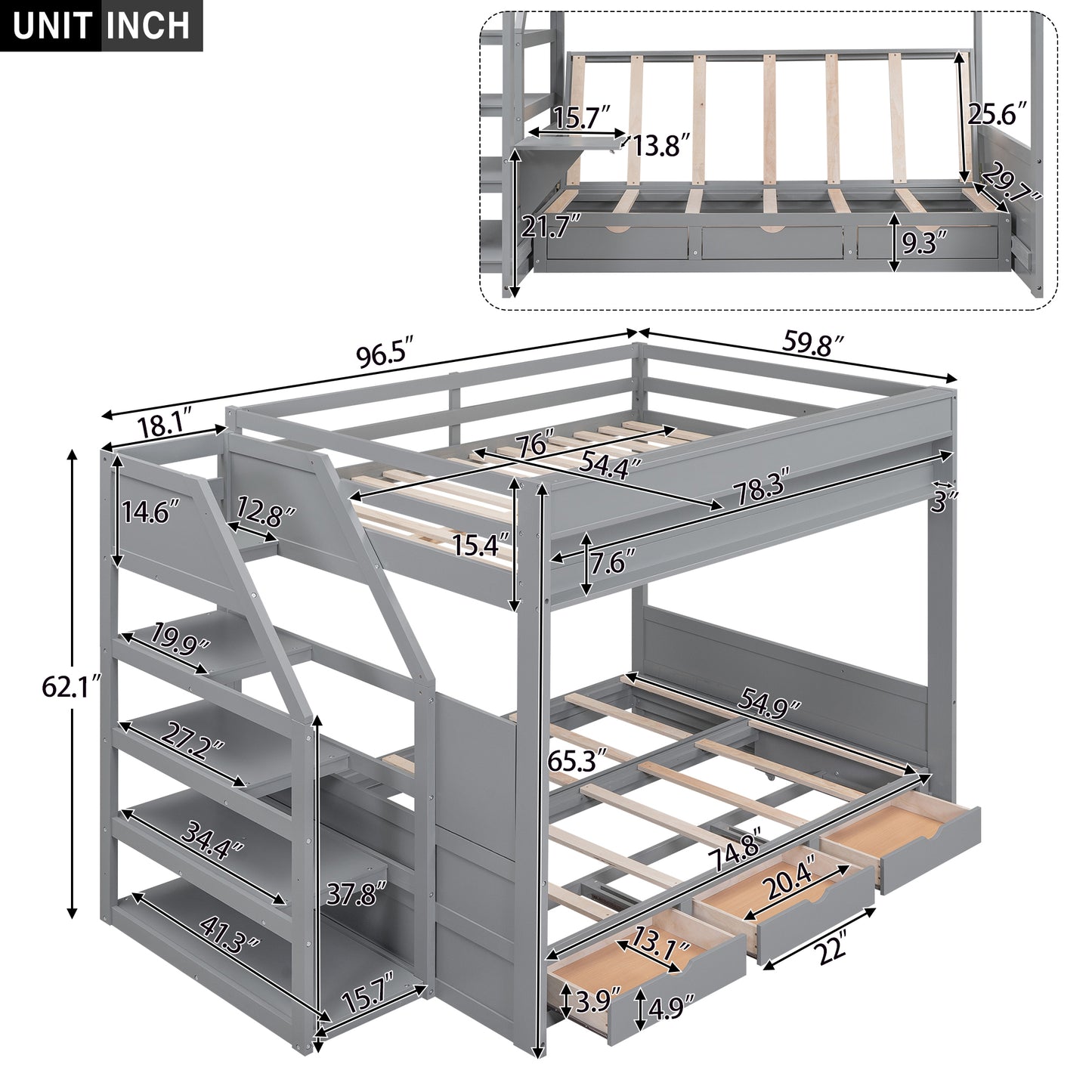 Graywood Convertible Bunk Bed with Storage Staircase and Bedside Table