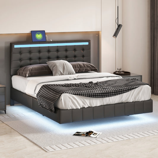 Marc Queen Size Floating Bed Frame with LED - Black