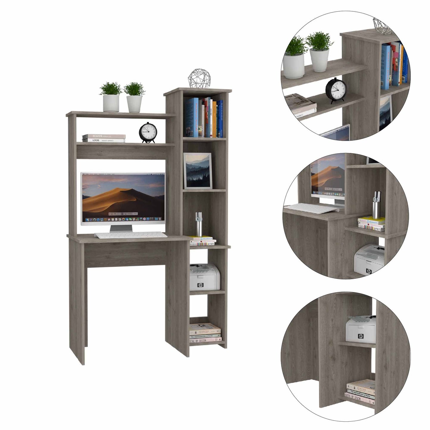 Writing Desk with Built-in Bookcase Light Grey